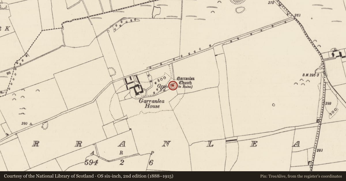 Ordnance Survey six-inch map, 2nd edition (1888–1915) covering the location of Church, Garranlea, County Tipperary South, with a pin at the register's coordinates