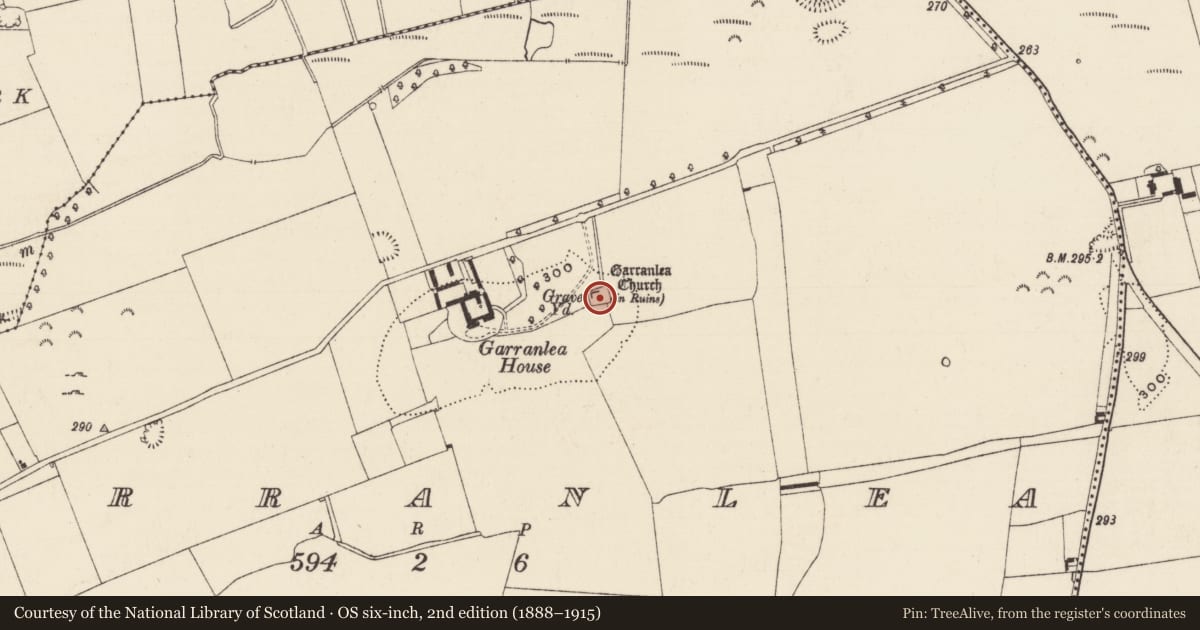 Ordnance Survey six-inch map, 2nd edition (1888–1915) covering the location of Graveyard, Garranlea, County Tipperary South, with a pin at the register's coordinates