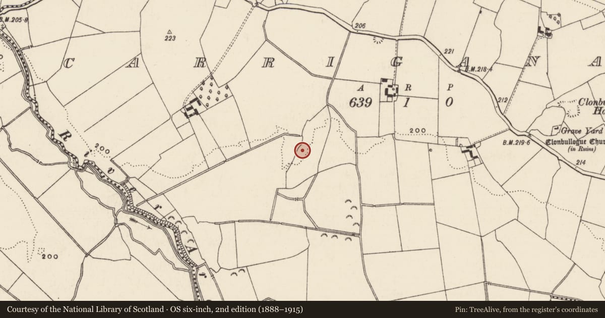 Ordnance Survey six-inch map, 2nd edition (1888–1915) covering the location of Enclosure, Carriganagh, County Tipperary South, with a pin at the register's coordinates