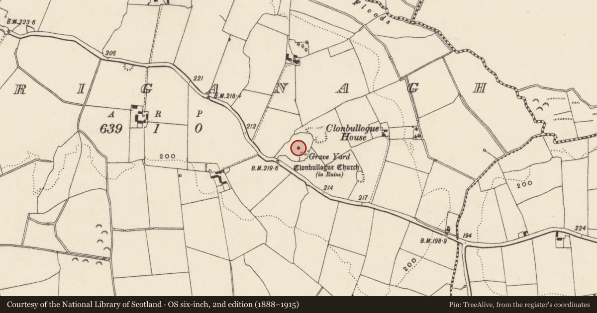 Ordnance Survey six-inch map, 2nd edition (1888–1915) covering the location of Graveyard, Carriganagh, County Tipperary South, with a pin at the register's coordinates