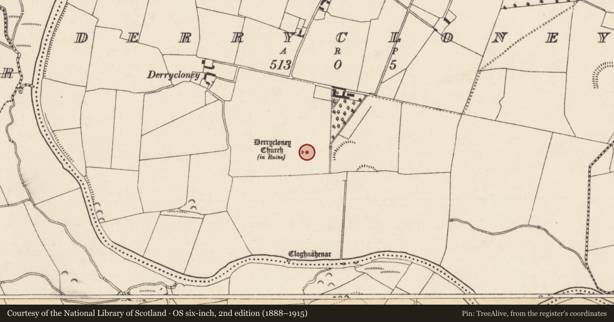 Ordnance Survey six-inch map, 2nd edition (1888–1915) covering the location of Graveyard, Derrycloney, County Tipperary South, with a pin at the register's coordinates