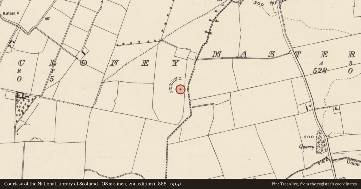 Ordnance Survey six-inch map, 2nd edition (1888–1915) covering the location of Earthwork, Derrycloney, County Tipperary South, with a pin at the register's coordinates