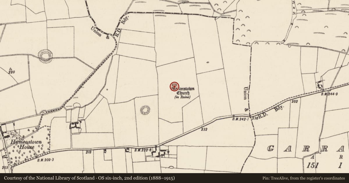 Ordnance Survey six-inch map, 2nd edition (1888–1915) covering the location of Church, Masterstown, County Tipperary South, with a pin at the register's coordinates