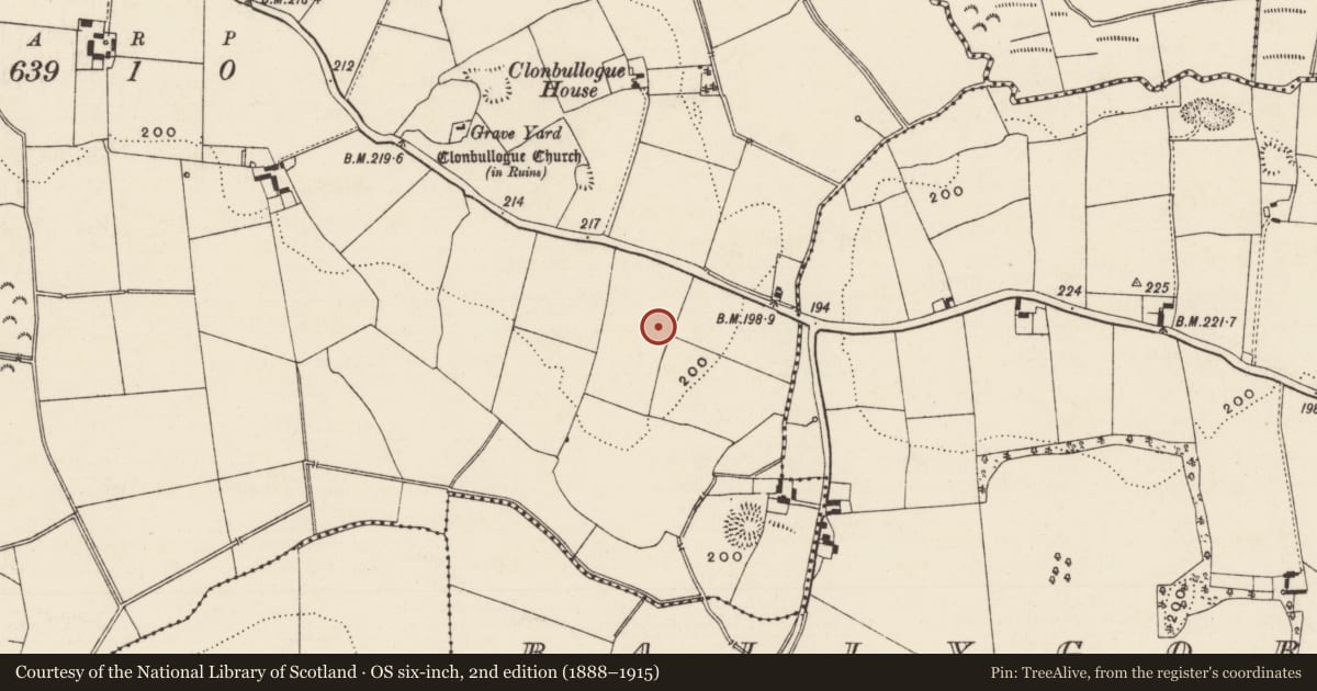 Ordnance Survey six-inch map, 2nd edition (1888–1915) covering the location of Enclosure, Carriganagh, County Tipperary South, with a pin at the register's coordinates