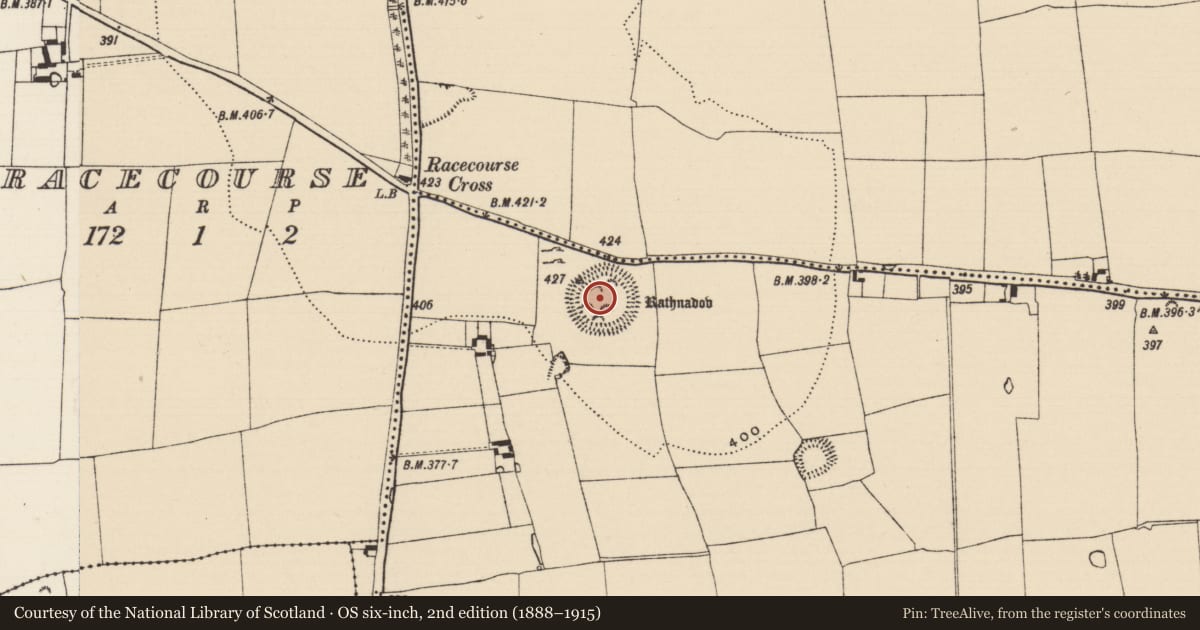 Ordnance Survey six-inch map, 2nd edition (1888–1915) covering the location of Barrow - ring-barrow, Carron (St. John Baptist Par.), County Tipperary South, with a pin at the register's coordinates