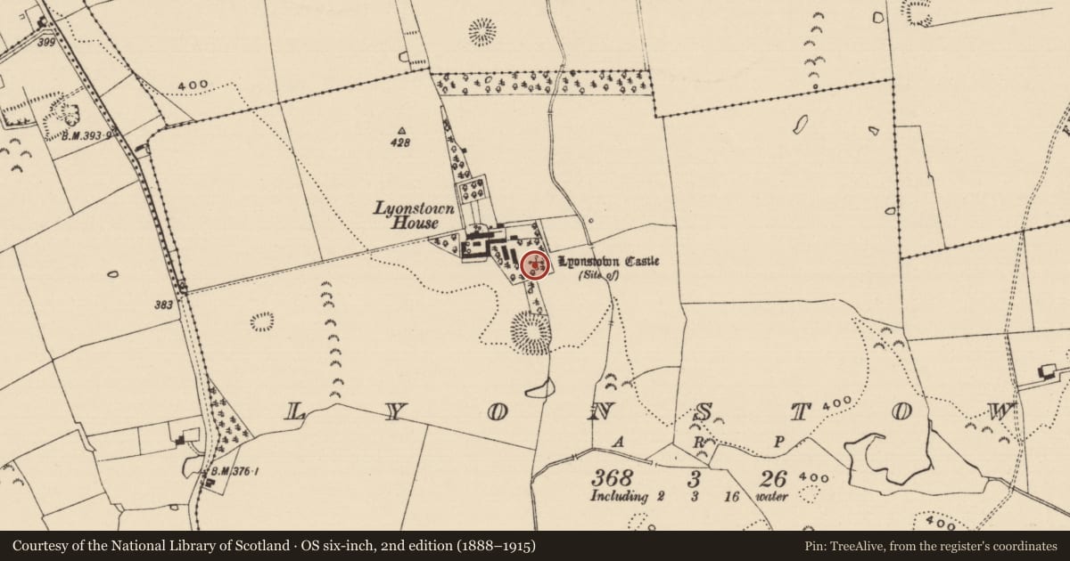 Ordnance Survey six-inch map, 2nd edition (1888–1915) covering the location of Castle - unclassified, Lyonstown, County Tipperary South, with a pin at the register's coordinates