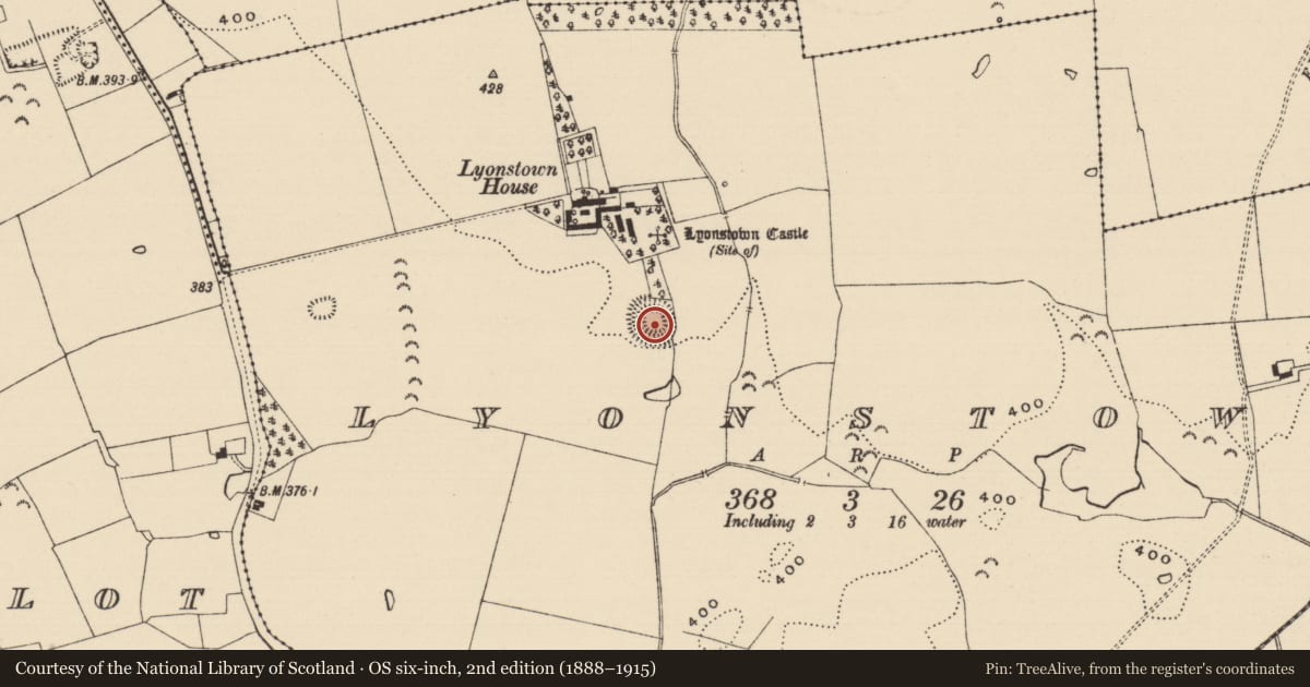 Ordnance Survey six-inch map, 2nd edition (1888–1915) covering the location of Castle - ringwork, Lyonstown, County Tipperary South, with a pin at the register's coordinates