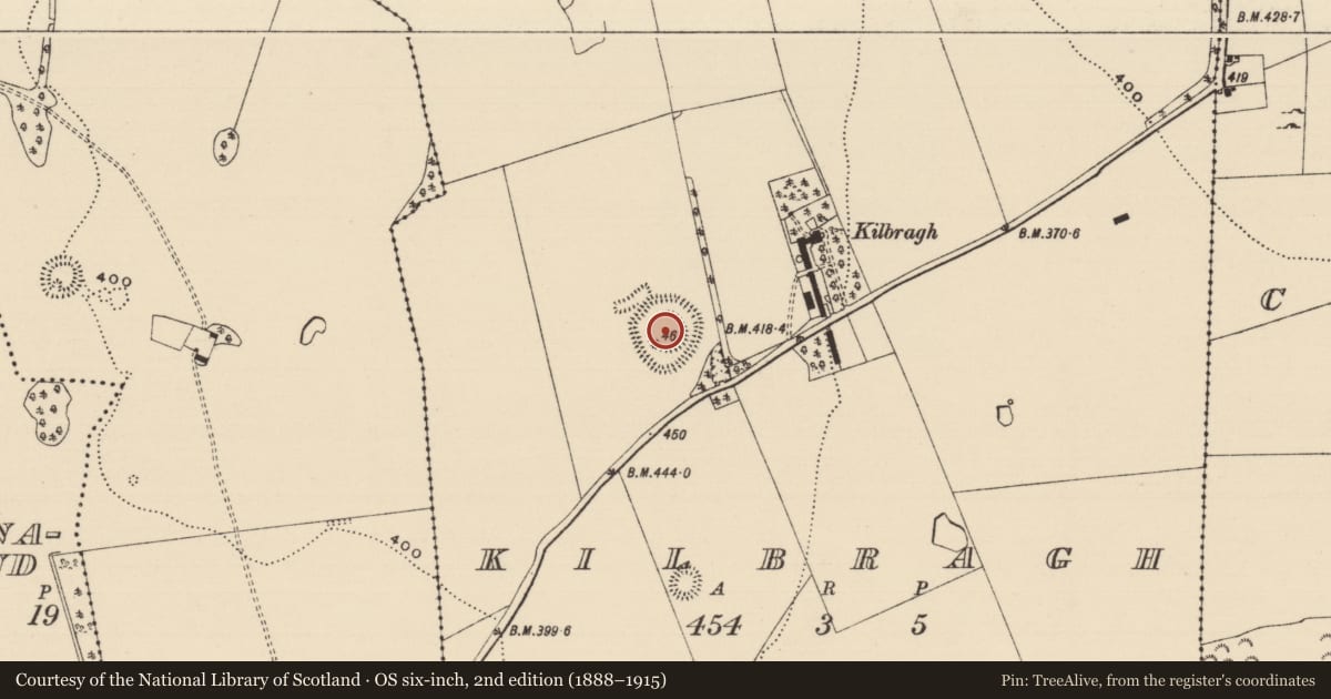 Ordnance Survey six-inch map, 2nd edition (1888–1915) covering the location of Concentric enclosure, Kilbragh (Kilbragh Par.), County Tipperary South, with a pin at the register's coordinates