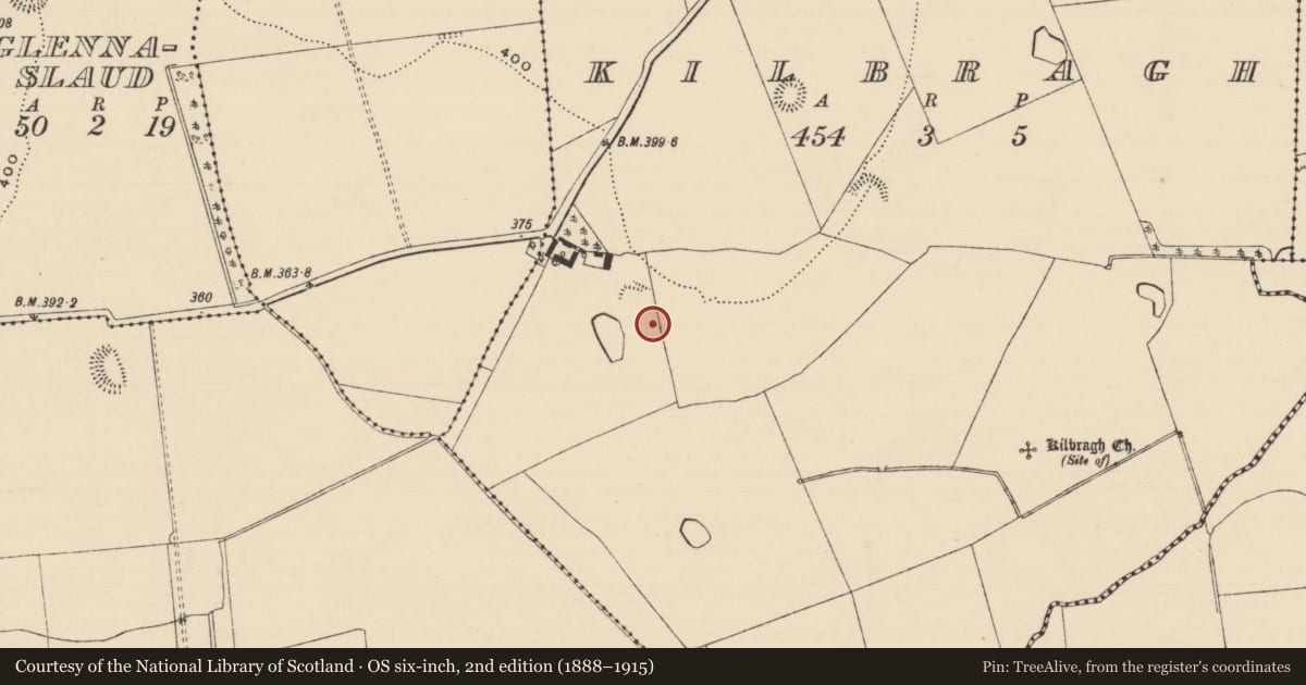 Ordnance Survey six-inch map, 2nd edition (1888–1915) covering the location of Enclosure, Kilbragh (Kilbragh Par.), County Tipperary South, with a pin at the register's coordinates