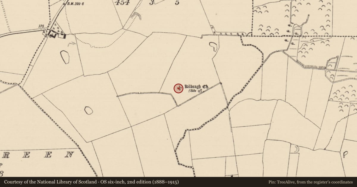 Ordnance Survey six-inch map, 2nd edition (1888–1915) covering the location of Graveyard, Kilbragh (Kilbragh Par.), County Tipperary South, with a pin at the register's coordinates
