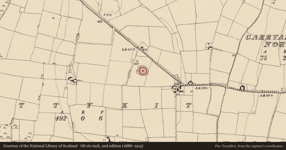 Ordnance Survey six-inch map, 2nd edition (1888–1915) covering the location of Ringfort - rath, Attykit, County Tipperary South, with a pin at the register's coordinates