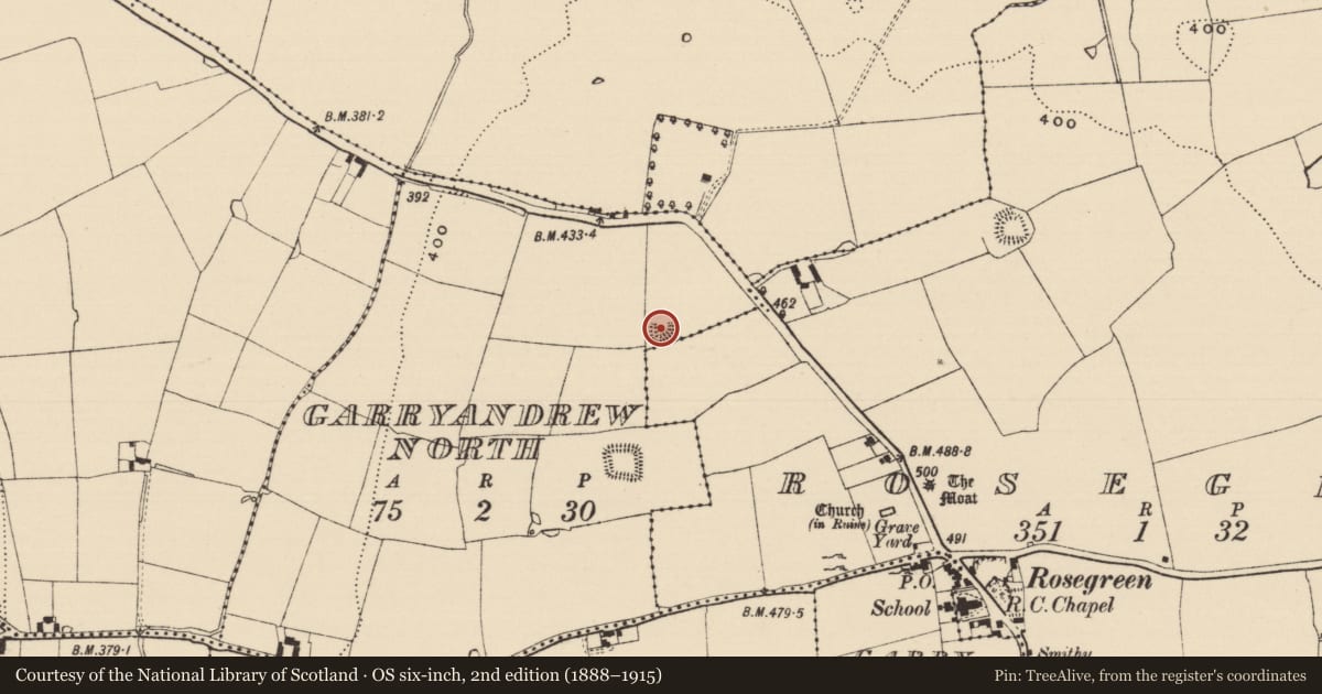 Ordnance Survey six-inch map, 2nd edition (1888–1915) covering the location of Enclosure, Garryandrew North, County Tipperary South, with a pin at the register's coordinates