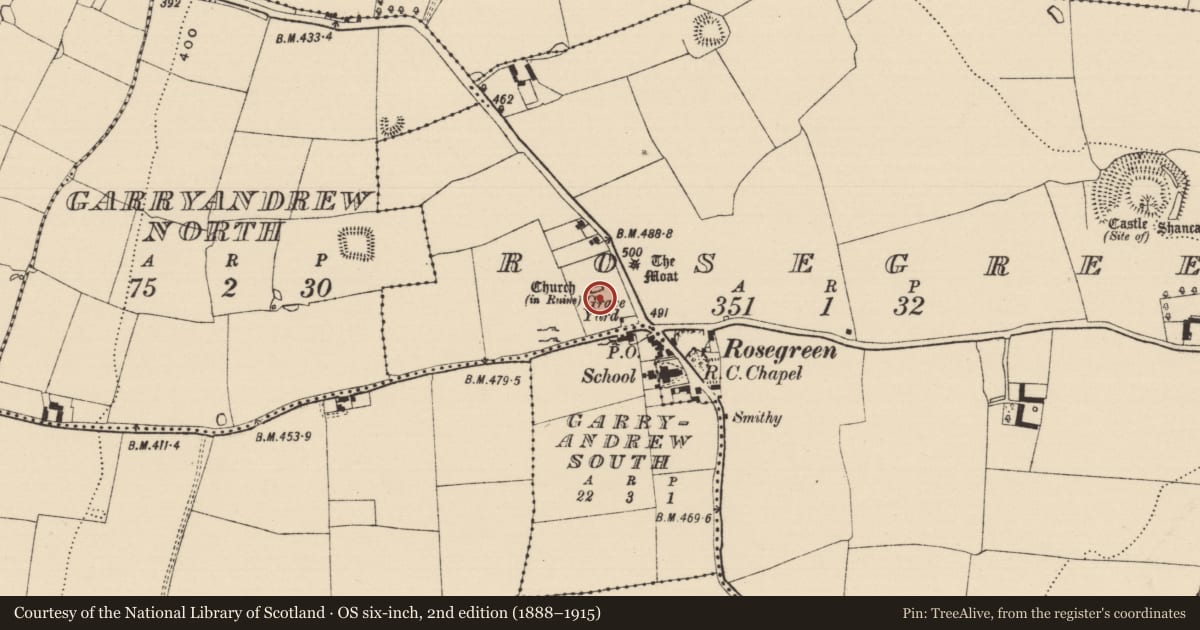 Ordnance Survey six-inch map, 2nd edition (1888–1915) covering the location of Graveyard, Rosegreen, County Tipperary South, with a pin at the register's coordinates