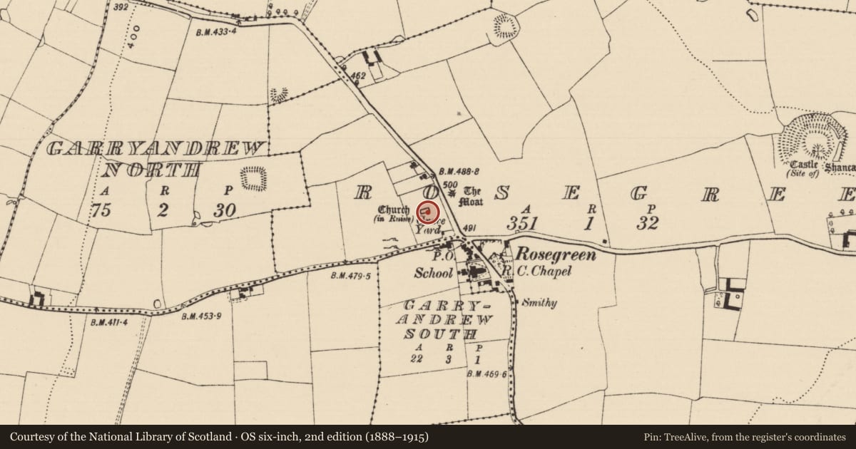 Ordnance Survey six-inch map, 2nd edition (1888–1915) covering the location of Graveslab, Rosegreen, County Tipperary South, with a pin at the register's coordinates