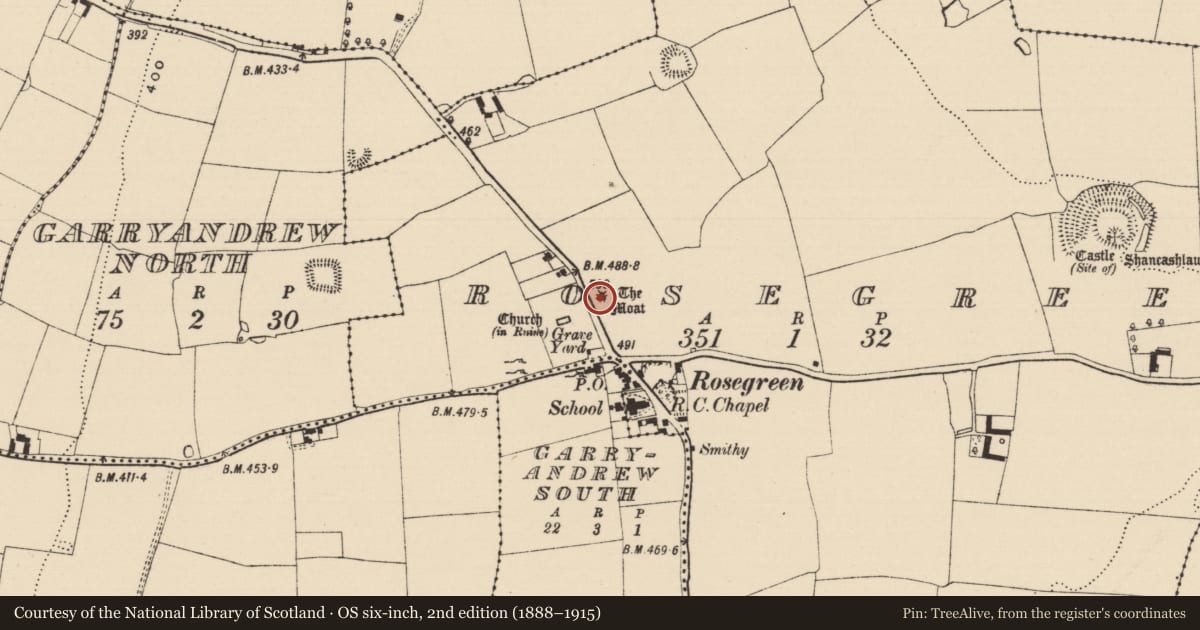 Ordnance Survey six-inch map, 2nd edition (1888–1915) covering the location of Barrow - mound barrow, Rosegreen, County Tipperary South, with a pin at the register's coordinates