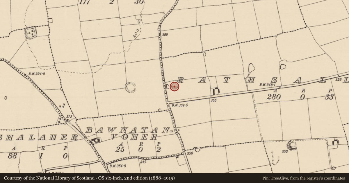 Ordnance Survey six-inch map, 2nd edition (1888–1915) covering the location of Ringfort - rath, Rathsallagh, County Tipperary South, with a pin at the register's coordinates