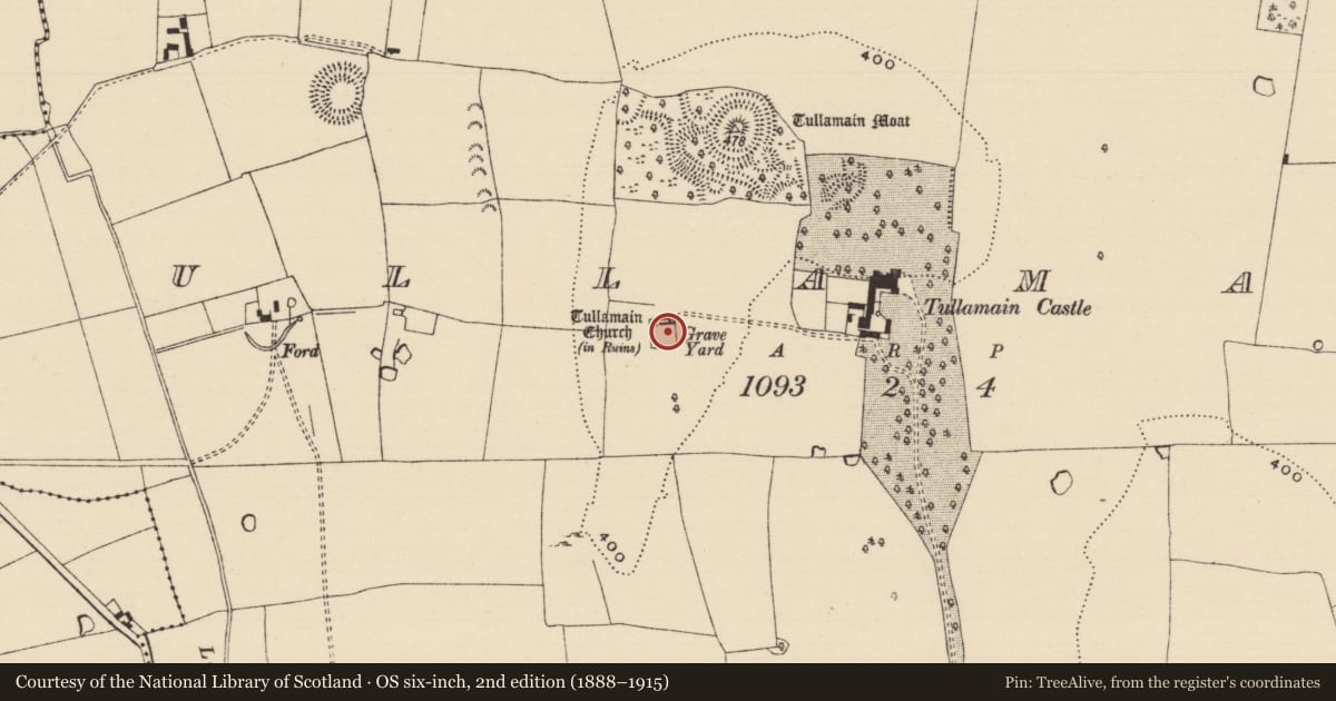 Ordnance Survey six-inch map, 2nd edition (1888–1915) covering the location of Graveyard, Tullamain (Tullamain Par.), County Tipperary South, with a pin at the register's coordinates