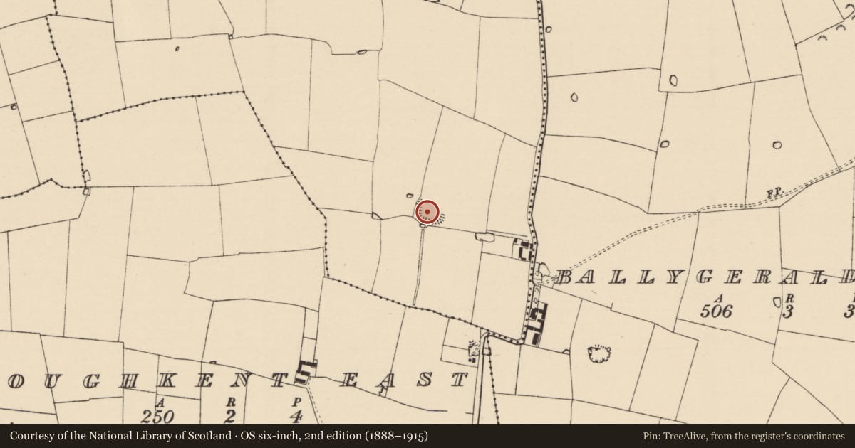 Ordnance Survey six-inch map, 2nd edition (1888–1915) covering the location of Moated site, Knockannaveigh, County Tipperary South, with a pin at the register's coordinates
