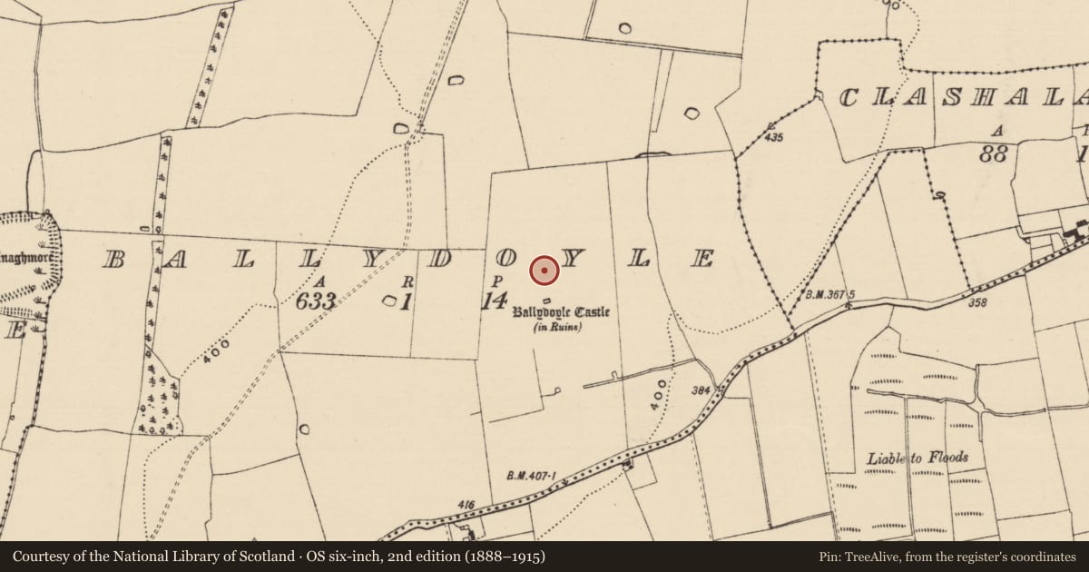 Ordnance Survey six-inch map, 2nd edition (1888–1915) covering the location of Settlement cluster, Ballydoyle, County Tipperary South, with a pin at the register's coordinates