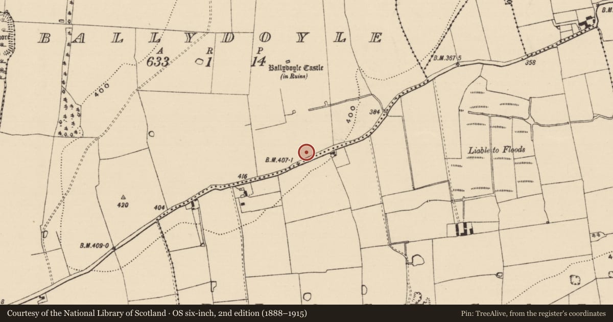 Ordnance Survey six-inch map, 2nd edition (1888–1915) covering the location of Enclosure, Ballydoyle, County Tipperary South, with a pin at the register's coordinates