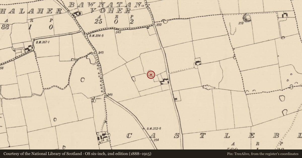 Ordnance Survey six-inch map, 2nd edition (1888–1915) covering the location of Enclosure, Castleblake, County Tipperary South, with a pin at the register's coordinates