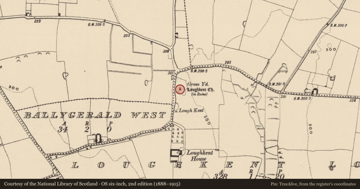 Ordnance Survey six-inch map, 2nd edition (1888–1915) covering the location of Church, Loughkent Lower, County Tipperary South, with a pin at the register's coordinates