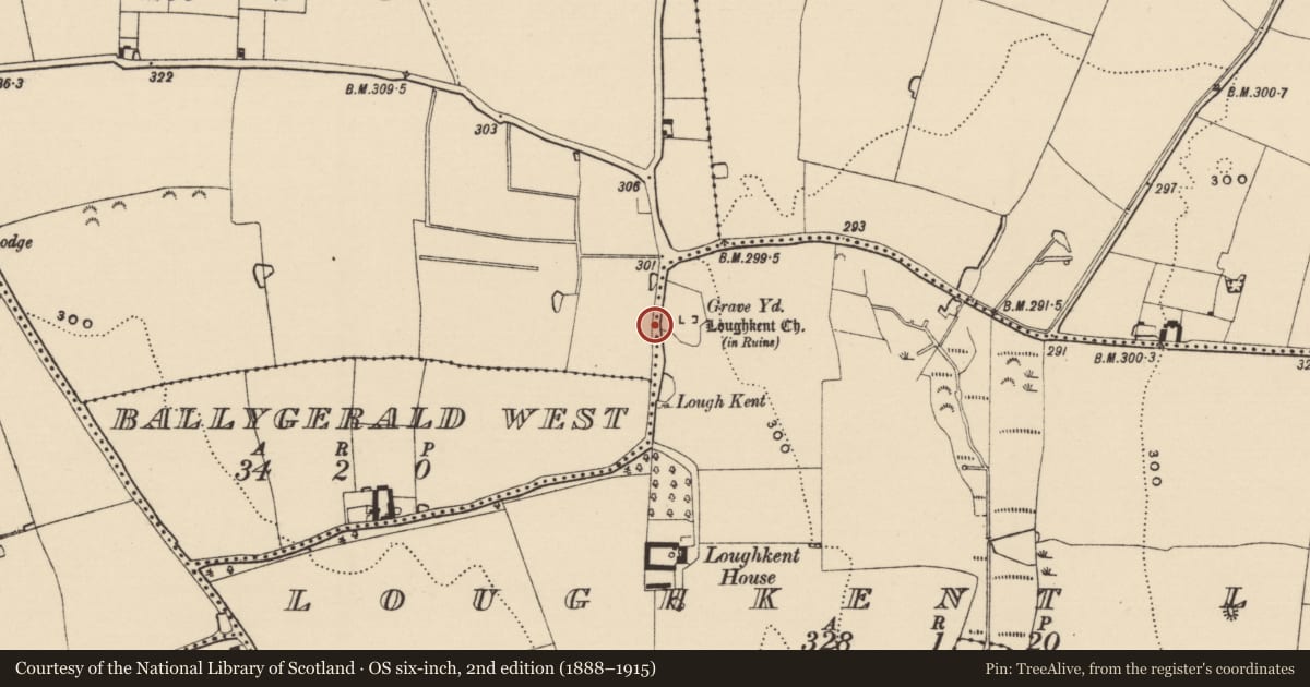 Ordnance Survey six-inch map, 2nd edition (1888–1915) covering the location of Bullaun stone, Loughkent Lower, County Tipperary South, with a pin at the register's coordinates