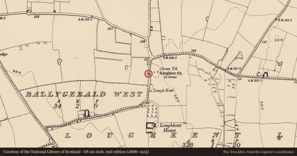 Ordnance Survey six-inch map, 2nd edition (1888–1915) covering the location of Bullaun stone, Loughkent Lower, County Tipperary South, with a pin at the register's coordinates