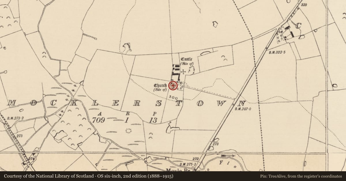 Ordnance Survey six-inch map, 2nd edition (1888–1915) covering the location of Church, Mocklerstown, County Tipperary South, with a pin at the register's coordinates