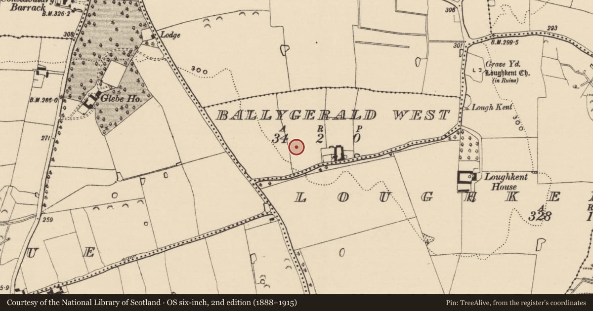 Ordnance Survey six-inch map, 2nd edition (1888–1915) covering the location of Enclosure, Ballygerald West, County Tipperary South, with a pin at the register's coordinates