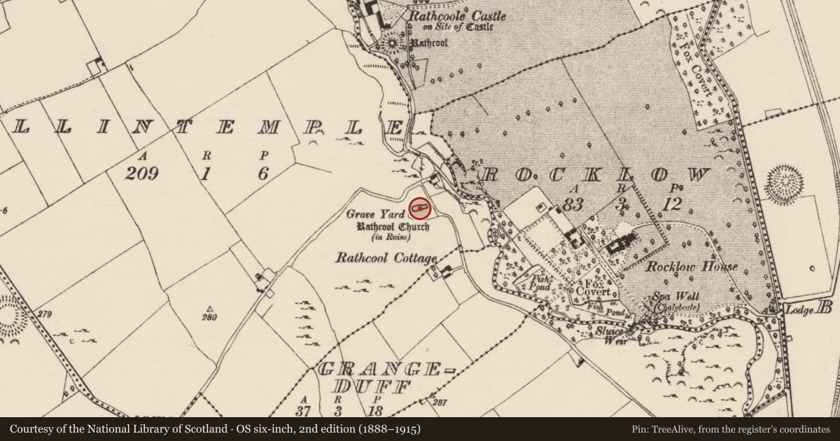 Ordnance Survey six-inch map, 2nd edition (1888–1915) covering the location of Church, Ballintemple (Rathcool Par.), County Tipperary South, with a pin at the register's coordinates