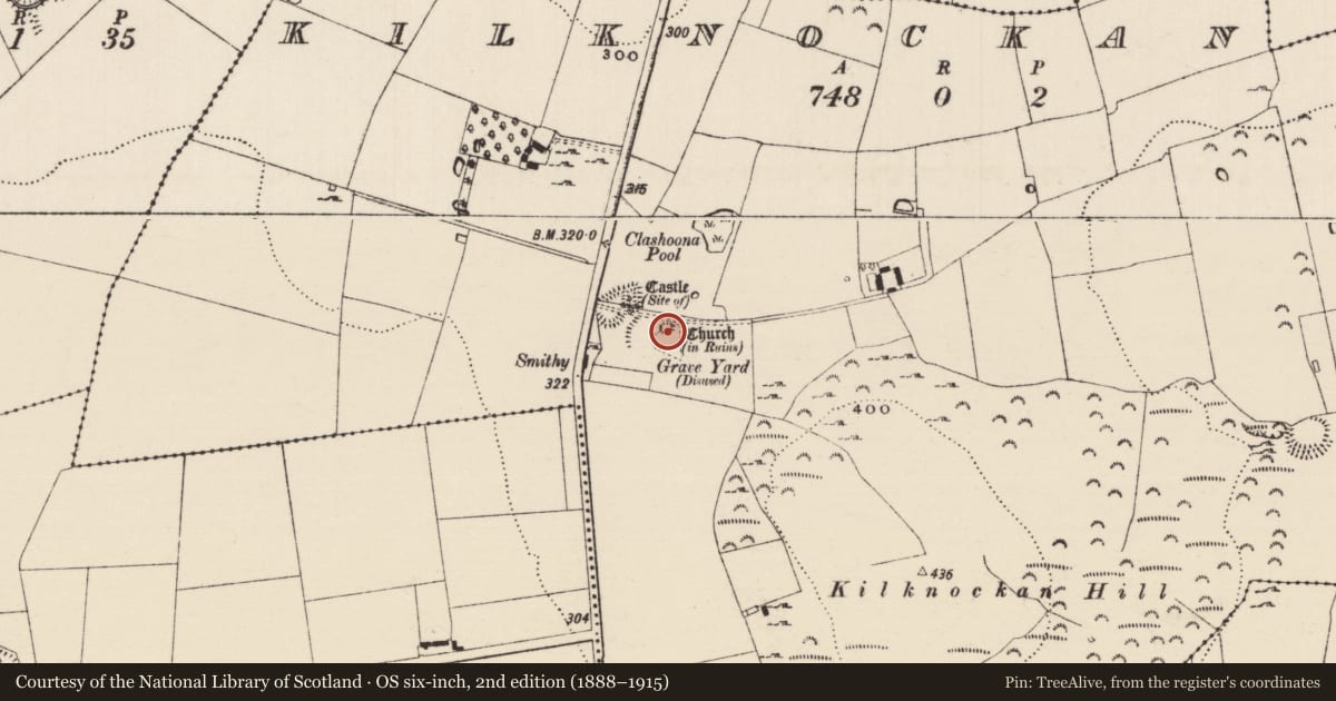 Ordnance Survey six-inch map, 2nd edition (1888–1915) covering the location of Church, Kilknockan, County Tipperary South, with a pin at the register's coordinates