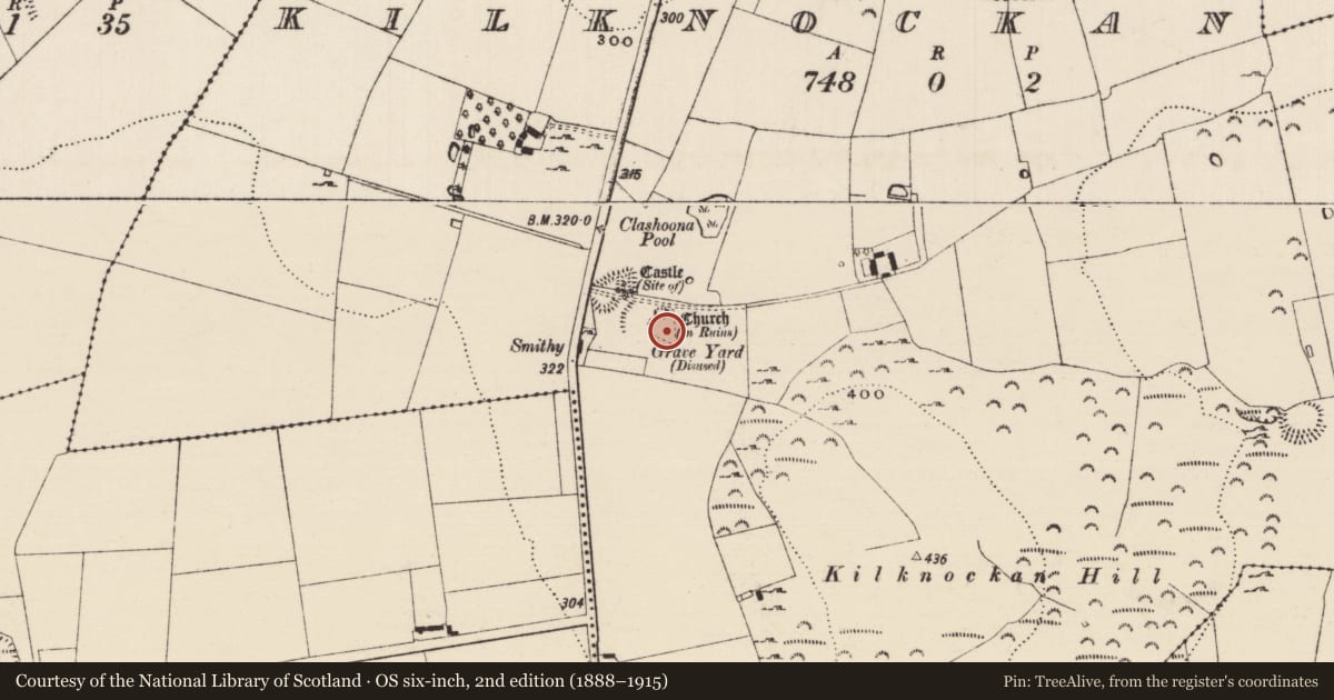 Ordnance Survey six-inch map, 2nd edition (1888–1915) covering the location of Graveyard, Kilknockan, County Tipperary South, with a pin at the register's coordinates