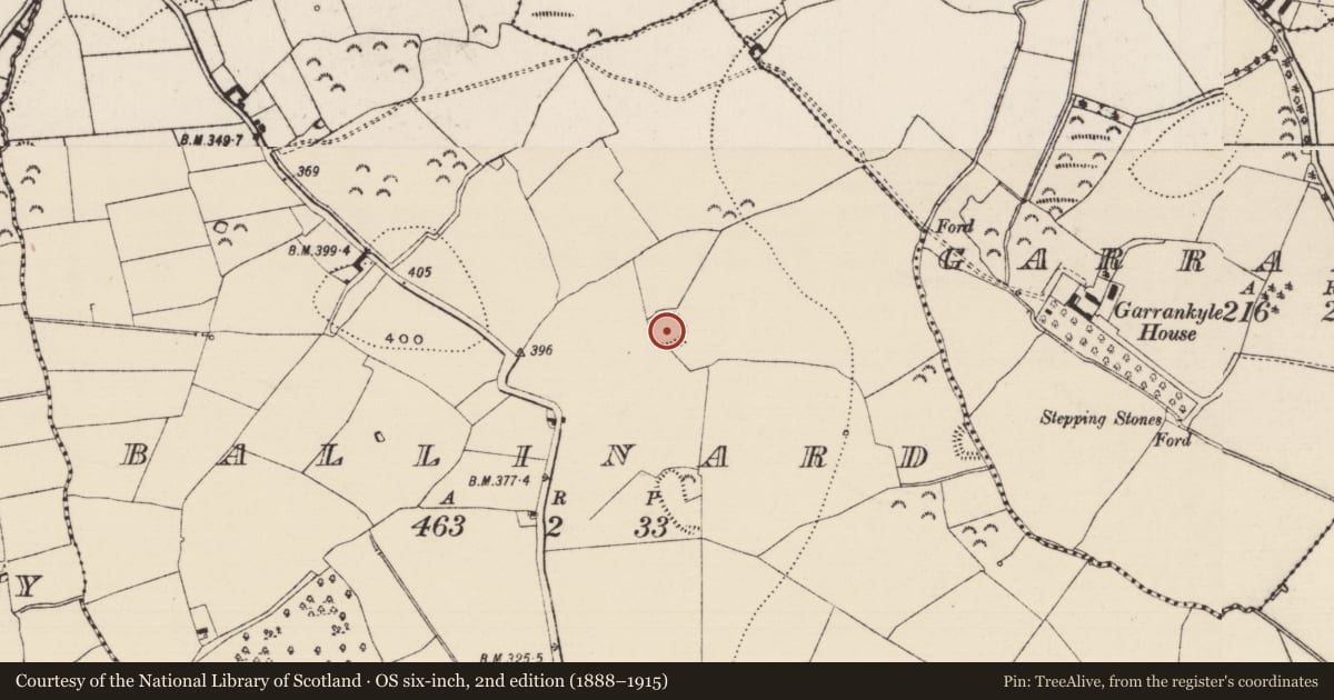 Ordnance Survey six-inch map, 2nd edition (1888–1915) covering the location of Ringfort - rath, Ballinard (Cloneen Par.), County Tipperary South, with a pin at the register's coordinates