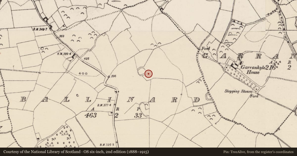 Ordnance Survey six-inch map, 2nd edition (1888–1915) covering the location of Enclosure, Ballinard (Cloneen Par.), County Tipperary South, with a pin at the register's coordinates