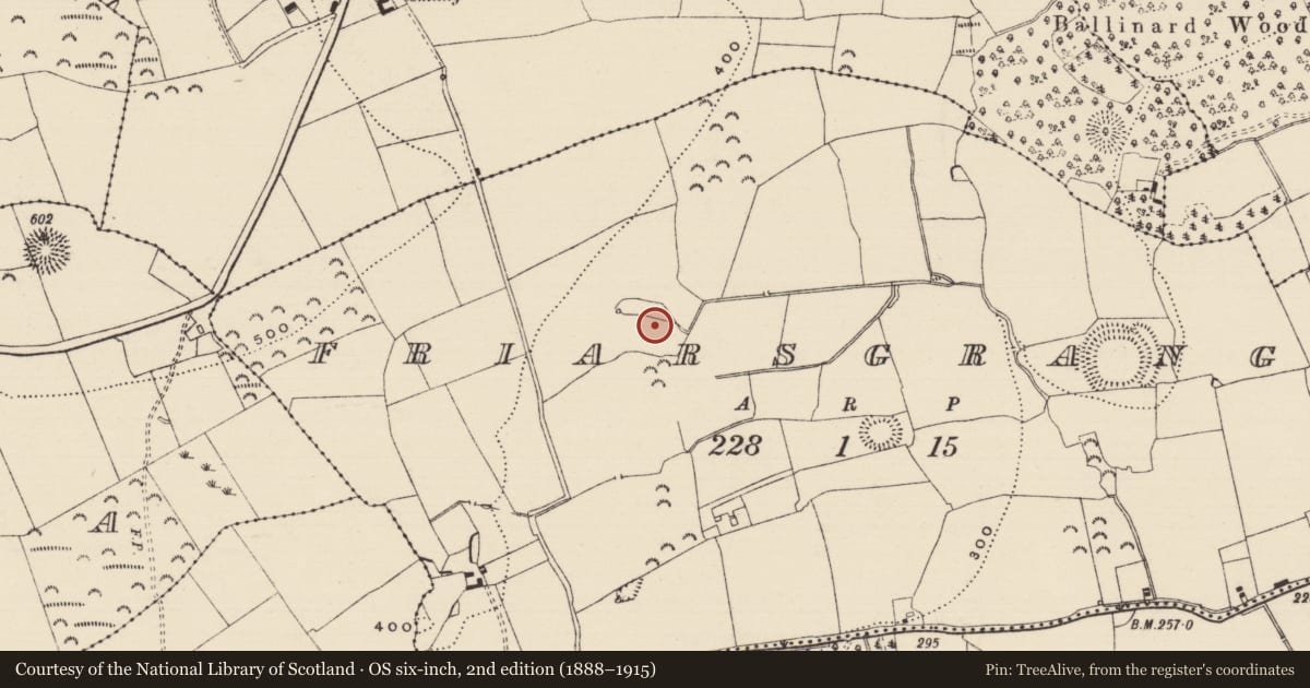 Ordnance Survey six-inch map, 2nd edition (1888–1915) covering the location of Enclosure - large enclosure, Friarsgrange, County Tipperary South, with a pin at the register's coordinates