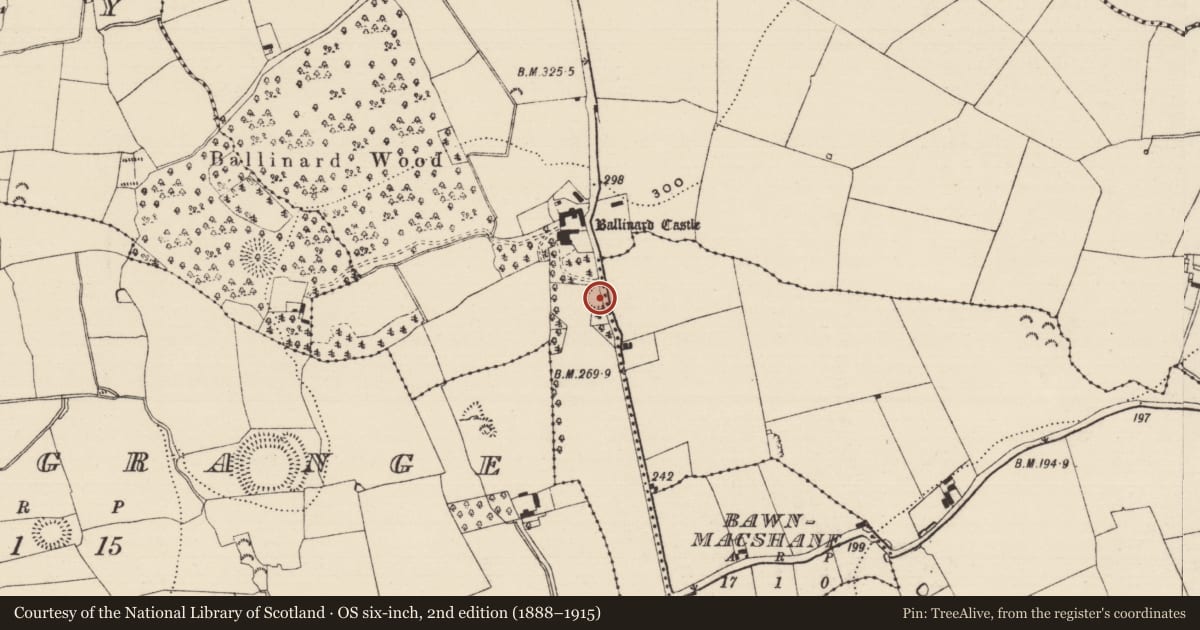 Ordnance Survey six-inch map, 2nd edition (1888–1915) covering the location of Enclosure, Ballinard (Cloneen Par.), Milestown, County Tipperary South, with a pin at the register's coordinates