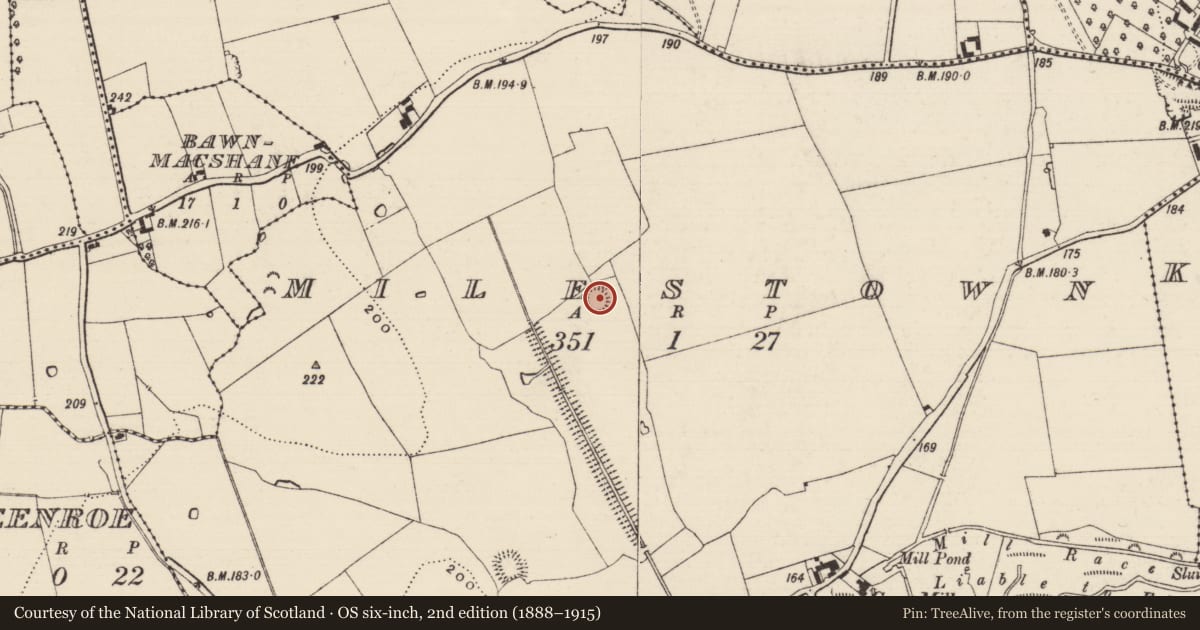 Ordnance Survey six-inch map, 2nd edition (1888–1915) covering the location of Enclosure, Milestown, County Tipperary South, with a pin at the register's coordinates