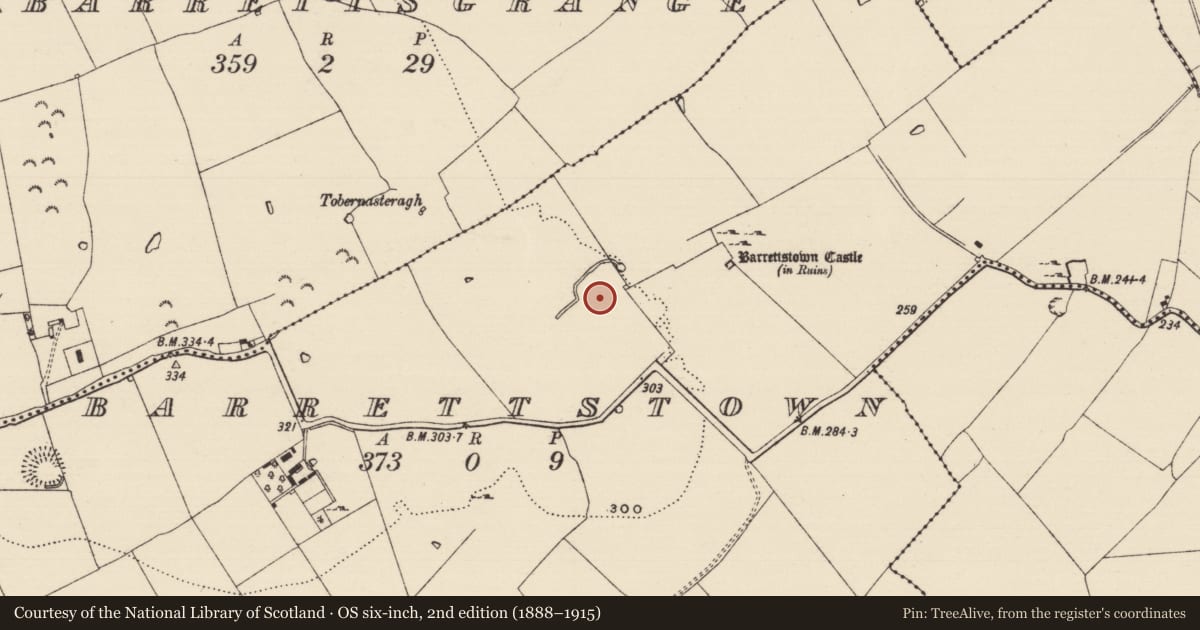 Ordnance Survey six-inch map, 2nd edition (1888–1915) covering the location of Moated site, Barrettstown, County Tipperary South, with a pin at the register's coordinates