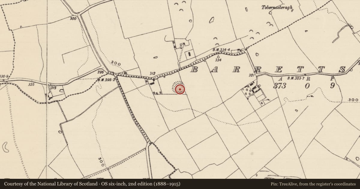 Ordnance Survey six-inch map, 2nd edition (1888–1915) covering the location of Ringfort - rath, Barrettstown, County Tipperary South, with a pin at the register's coordinates