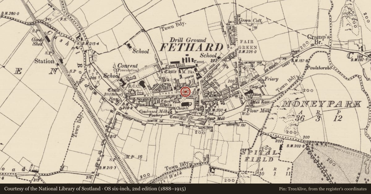 Ordnance Survey six-inch map, 2nd edition (1888–1915) covering the location of Historic town, Fethard, County Tipperary South, with a pin at the register's coordinates