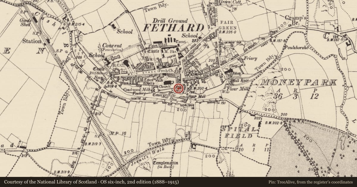 Ordnance Survey six-inch map, 2nd edition (1888–1915) covering the location of Castle - tower house, Fethard, County Tipperary South, with a pin at the register's coordinates