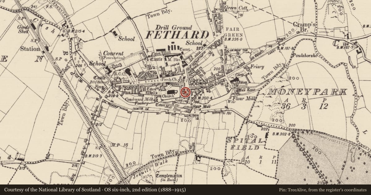 Ordnance Survey six-inch map, 2nd edition (1888–1915) covering the location of Castle - tower house, Fethard, County Tipperary South, with a pin at the register's coordinates