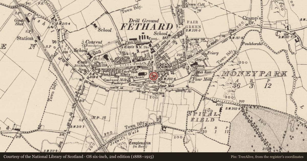 Ordnance Survey six-inch map, 2nd edition (1888–1915) covering the location of House - 16th/17th century, Fethard, County Tipperary South, with a pin at the register's coordinates