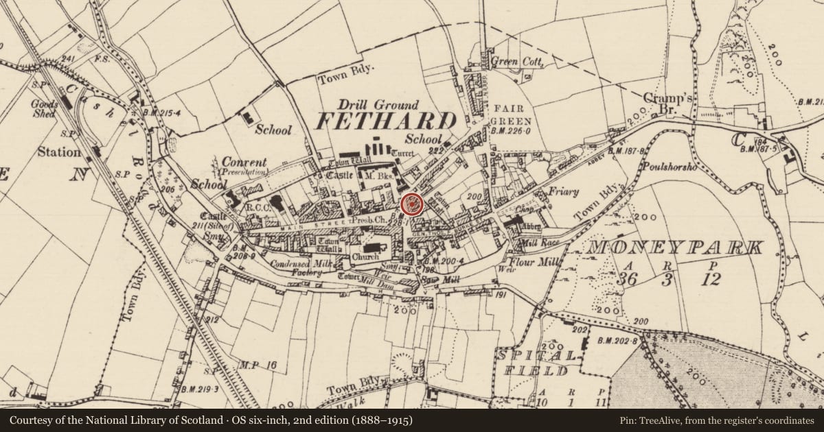 Ordnance Survey six-inch map, 2nd edition (1888–1915) covering the location of House - 16th/17th century, Fethard, County Tipperary South, with a pin at the register's coordinates