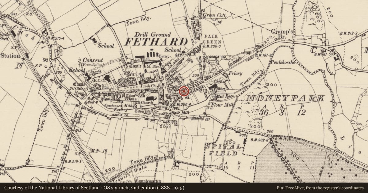 Ordnance Survey six-inch map, 2nd edition (1888–1915) covering the location of House - 17th century, Fethard, County Tipperary South, with a pin at the register's coordinates