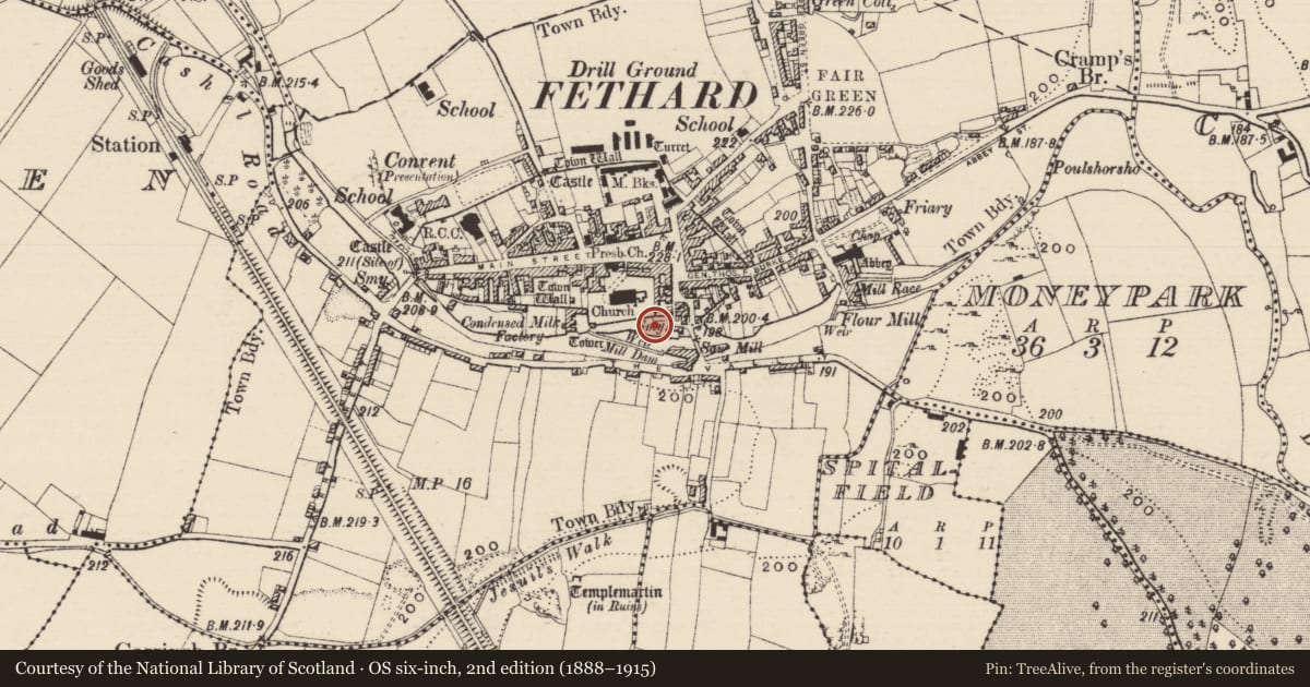 Ordnance Survey six-inch map, 2nd edition (1888–1915) covering the location of Almshouse, Fethard, County Tipperary South, with a pin at the register's coordinates
