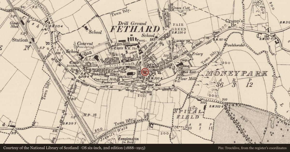 Ordnance Survey six-inch map, 2nd edition (1888–1915) covering the location of House - 17th century, Fethard, County Tipperary South, with a pin at the register's coordinates