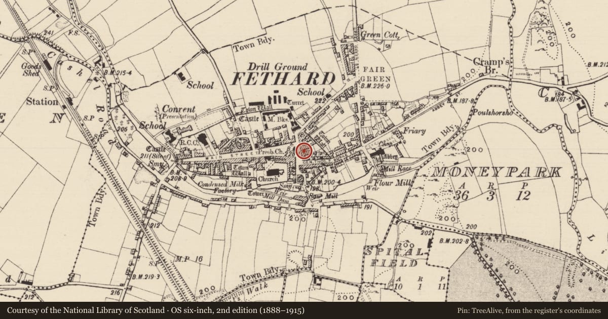 Ordnance Survey six-inch map, 2nd edition (1888–1915) covering the location of House - 17th century, Fethard, County Tipperary South, with a pin at the register's coordinates