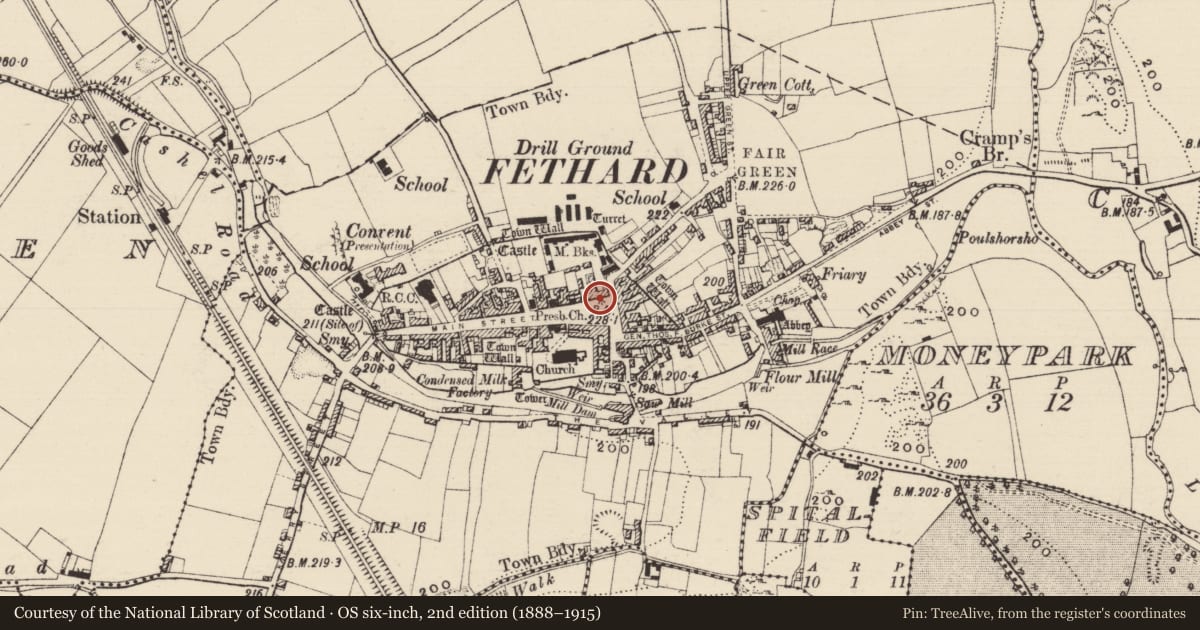 Ordnance Survey six-inch map, 2nd edition (1888–1915) covering the location of House - 17th century, Fethard, County Tipperary South, with a pin at the register's coordinates